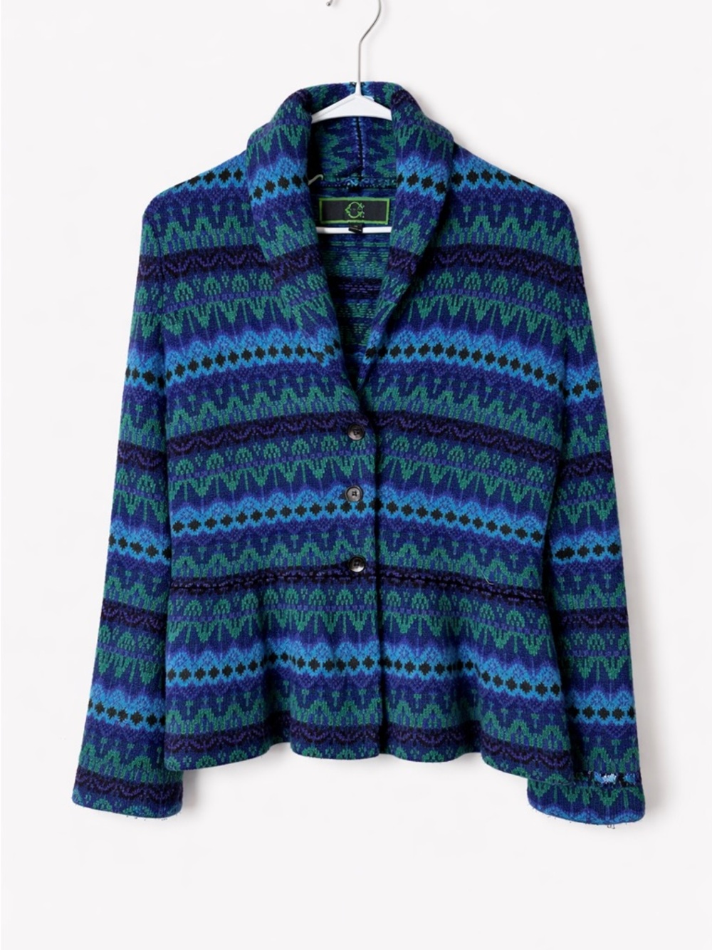 C. Wonder Vintage Cashmere Wool Shawl Collar Blue & Green Peplum Cardigan Size S